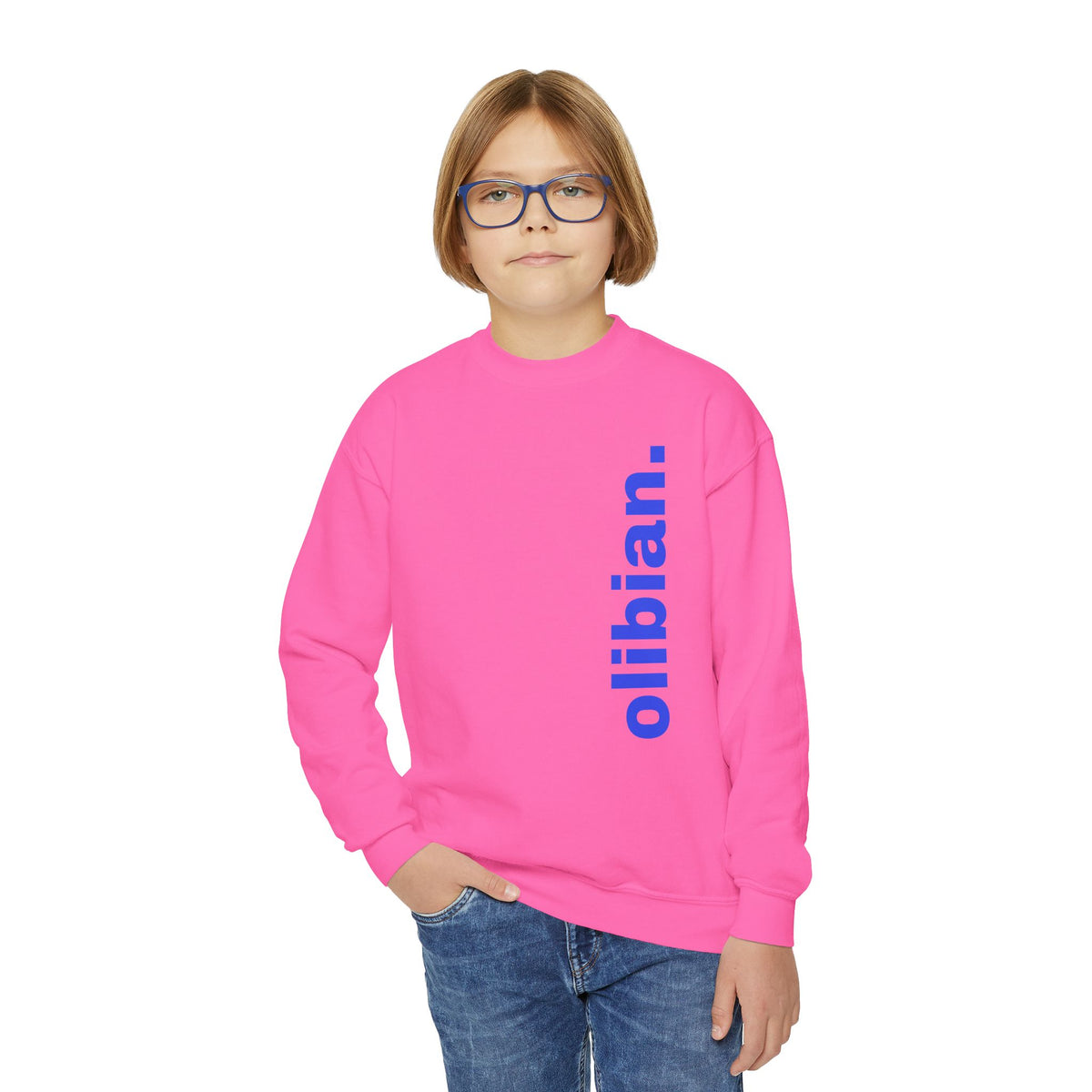Youth Crewneck Sweatshirt — 'olibian.' Vertical Logo & 'Less Hustle More Slay' Back Design