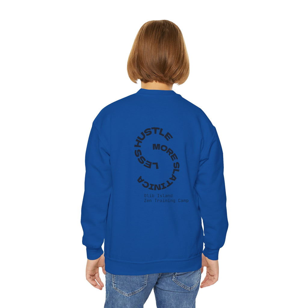 Youth Crewneck Sweatshirt — 'olibian.' Vertical Logo & 'Less Hustle More Slay' Back Design