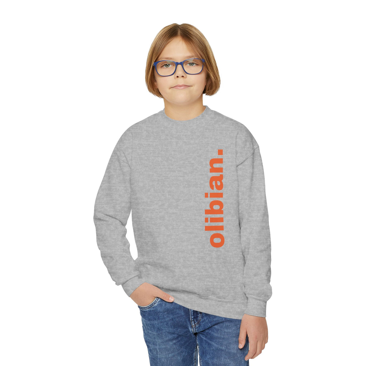 Youth Crewneck Sweatshirt — 'olibian.' Vertical Logo & 'Less Hustle More Slay' Back Design