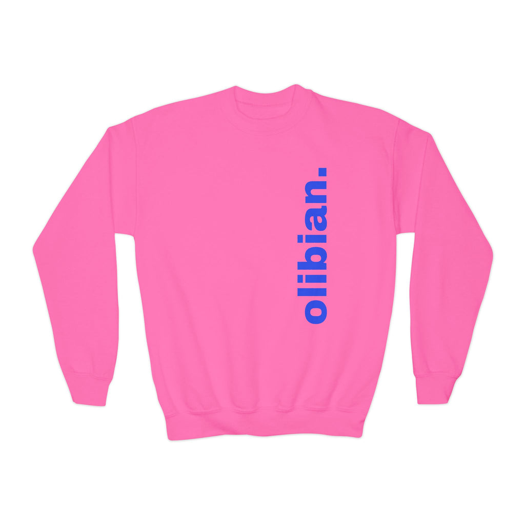Youth Crewneck Sweatshirt — 'olibian.' Vertical Logo & 'Less Hustle More Slay' Back Design