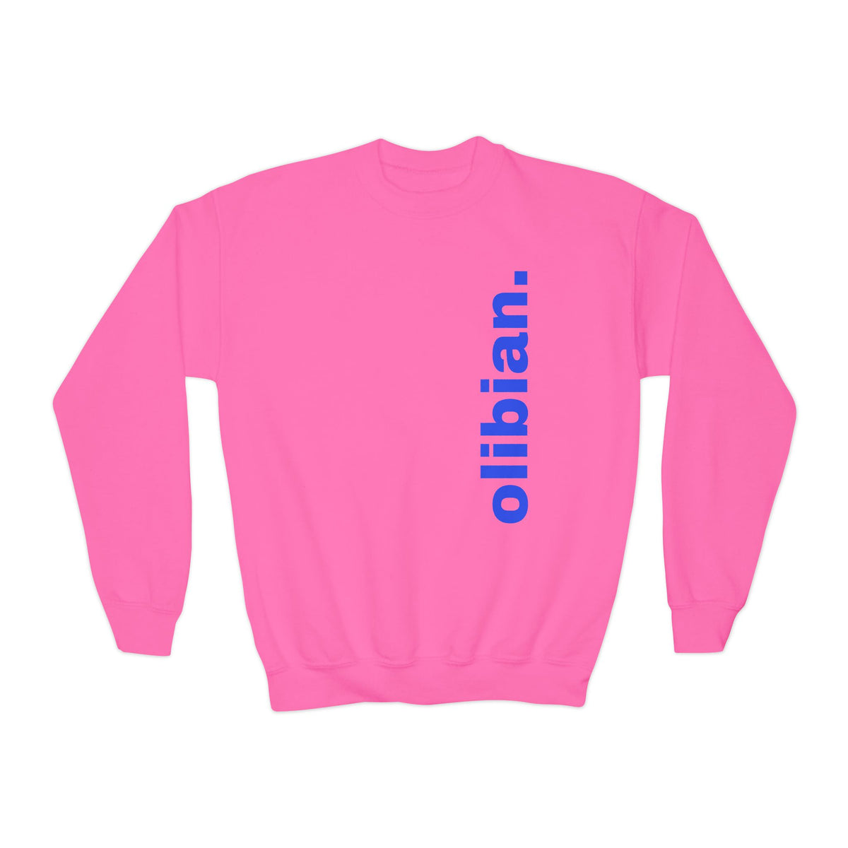 Youth Crewneck Sweatshirt — 'olibian.' Vertical Logo & 'Less Hustle More Slay' Back Design