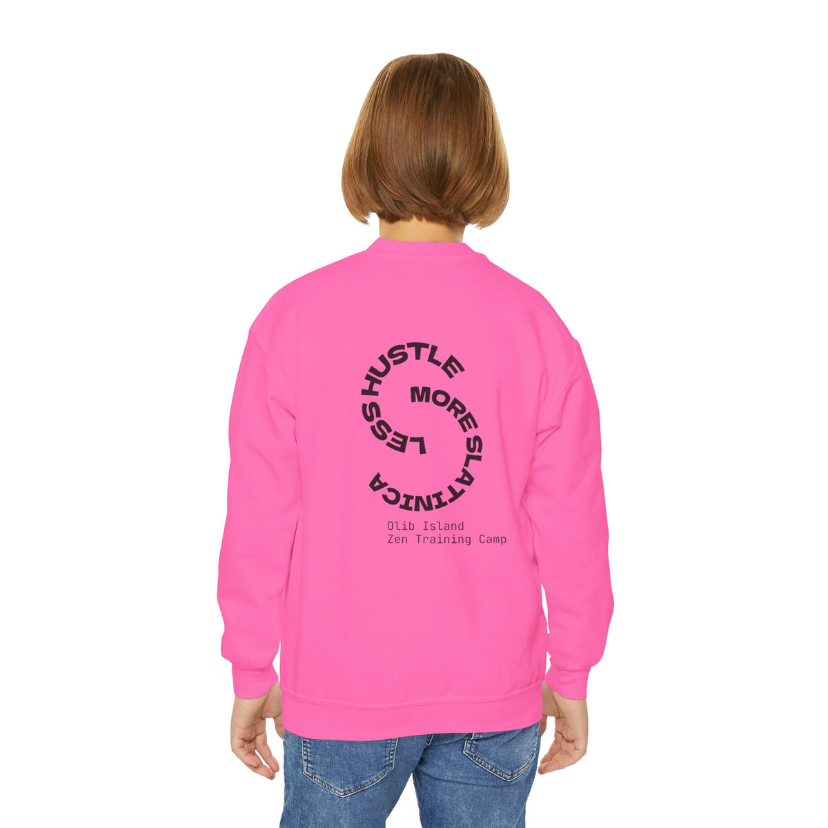 Youth Crewneck Sweatshirt — 'olibian.' Vertical Logo & 'Less Hustle More Slay' Back Design
