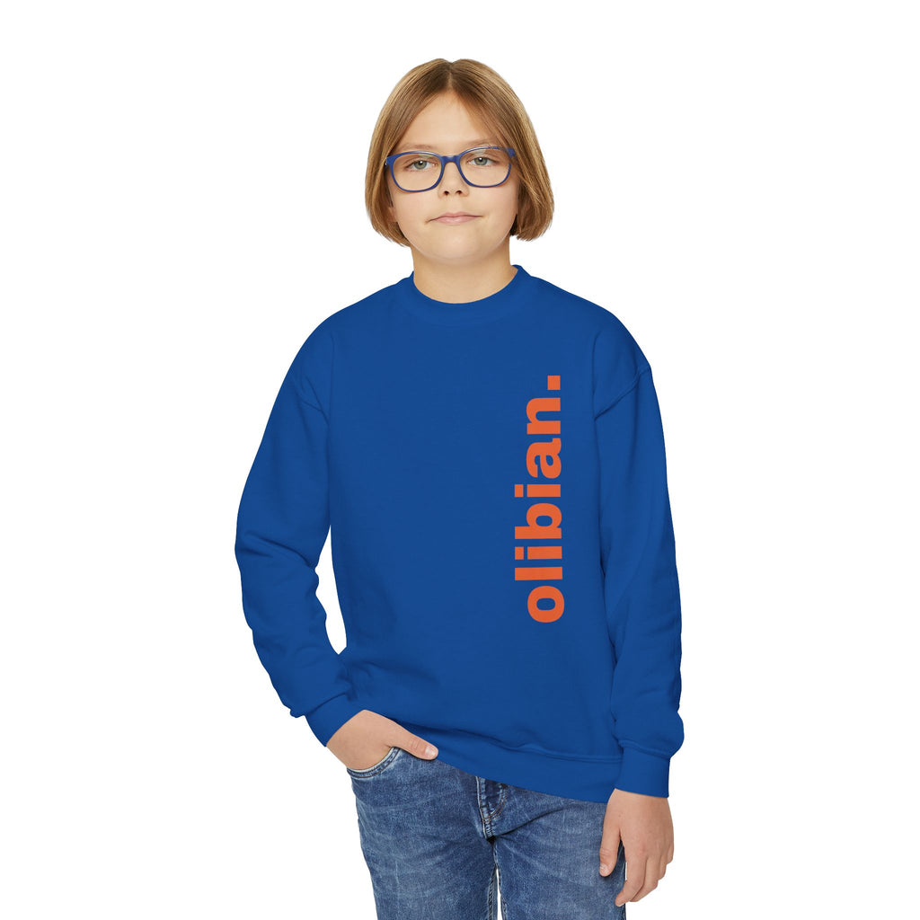 Youth Crewneck Sweatshirt — 'olibian.' Vertical Logo & 'Less Hustle More Slay' Back Design
