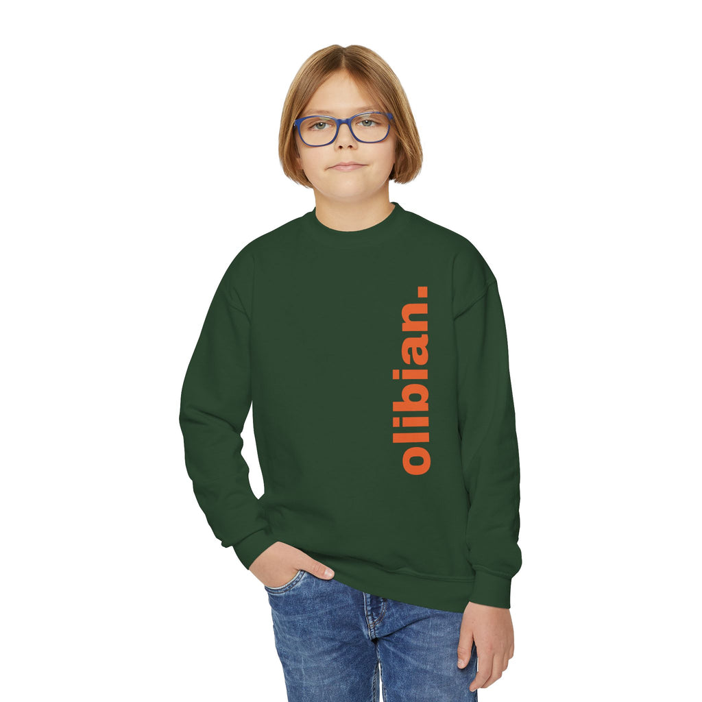 Youth Crewneck Sweatshirt — 'olibian.' Vertical Logo & 'Less Hustle More Slay' Back Design