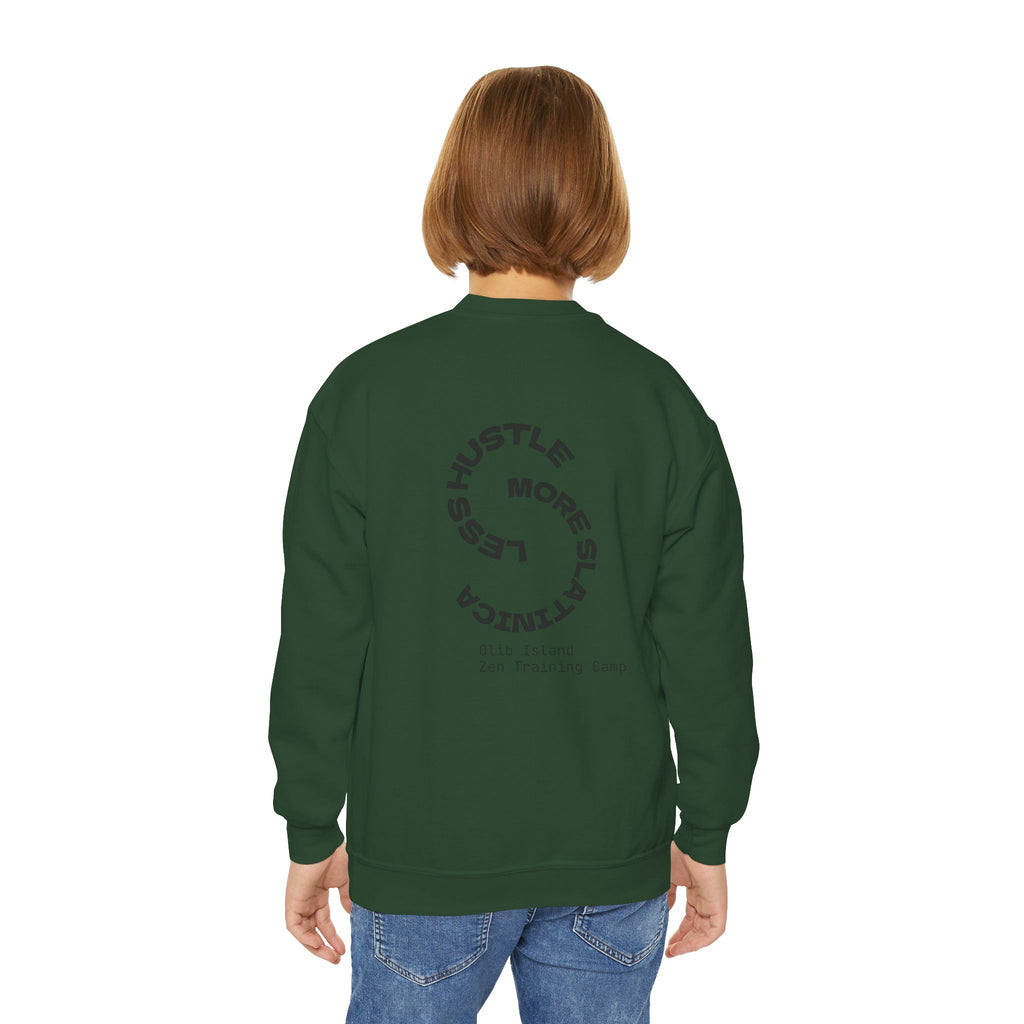 Youth Crewneck Sweatshirt — 'olibian.' Vertical Logo & 'Less Hustle More Slay' Back Design