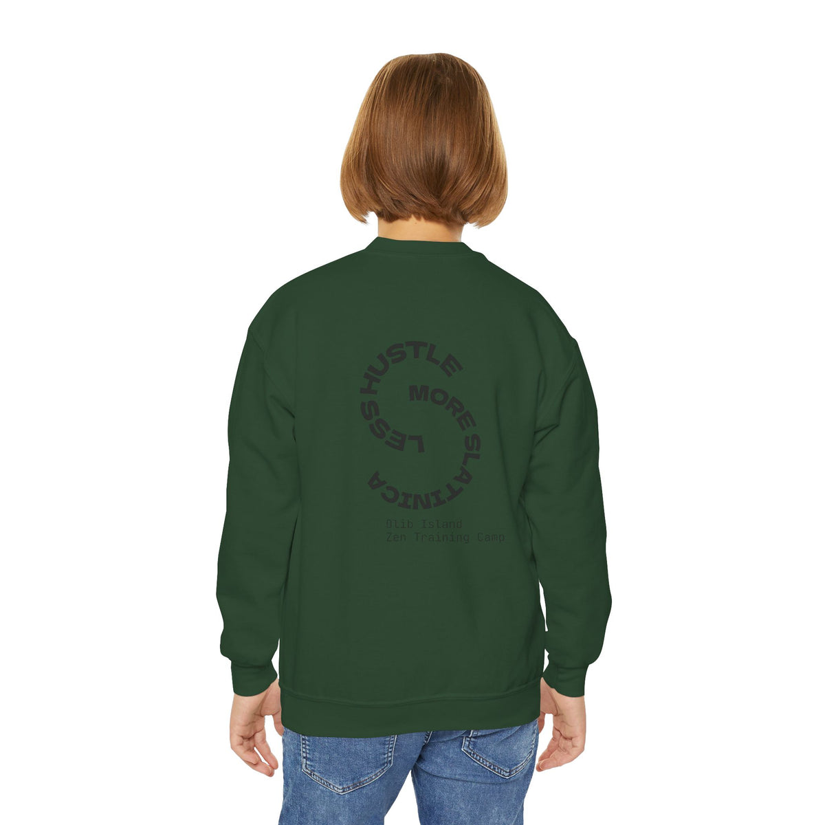 Youth Crewneck Sweatshirt — 'olibian.' Vertical Logo & 'Less Hustle More Slay' Back Design