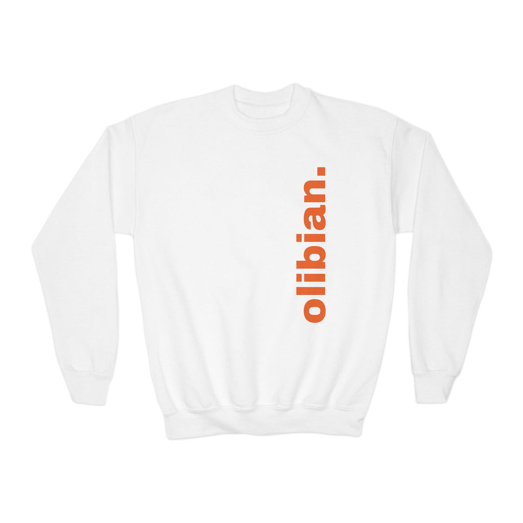 Youth Crewneck Sweatshirt — 'olibian.' Vertical Logo & 'Less Hustle More Slay' Back Design