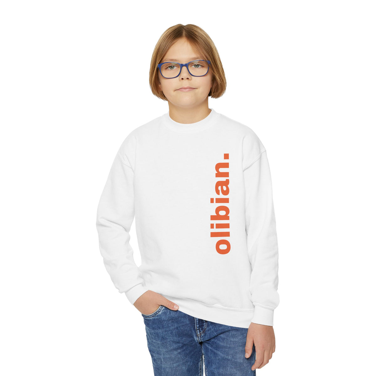 Youth Crewneck Sweatshirt — 'olibian.' Vertical Logo & 'Less Hustle More Slay' Back Design