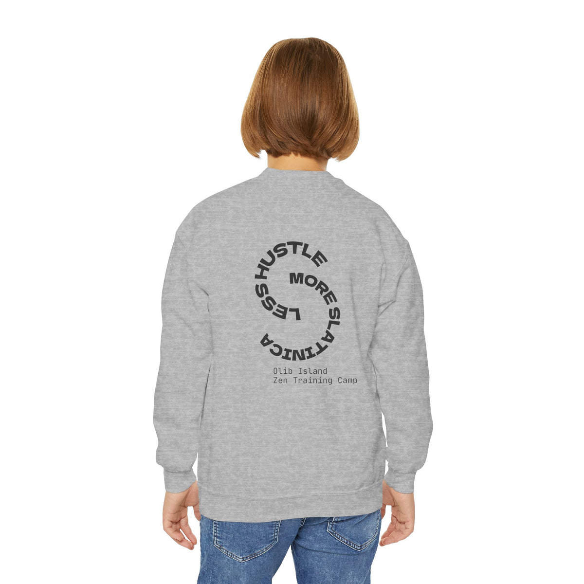 Youth Crewneck Sweatshirt — 'olibian.' Vertical Logo & 'Less Hustle More Slay' Back Design