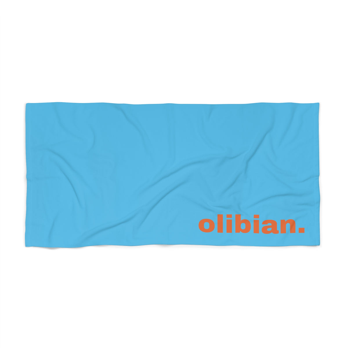 Personalized Beach Towel — Bright Blue Towel with ‘olibian’ Orange Text