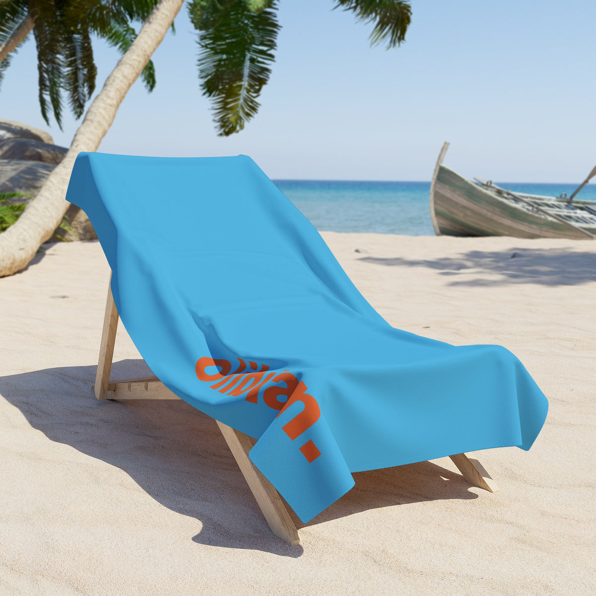 Personalized Beach Towel — Bright Blue Towel with ‘olibian’ Orange Text