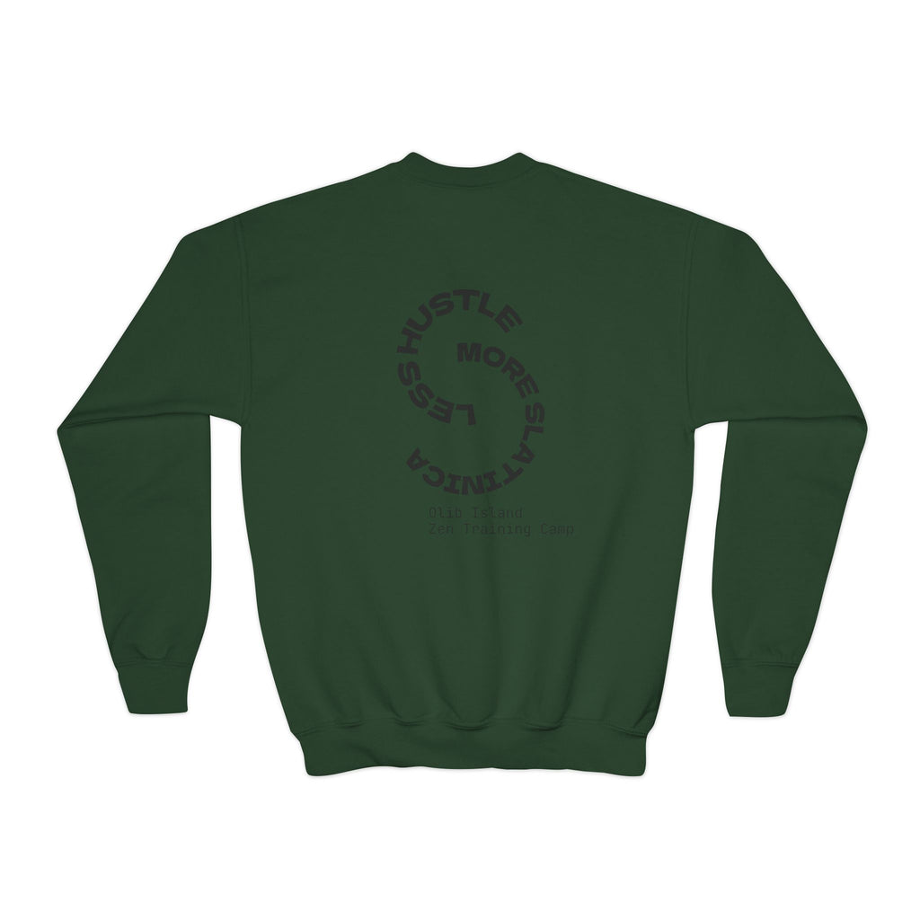 Youth Crewneck Sweatshirt — 'olibian.' Vertical Logo & 'Less Hustle More Slay' Back Design