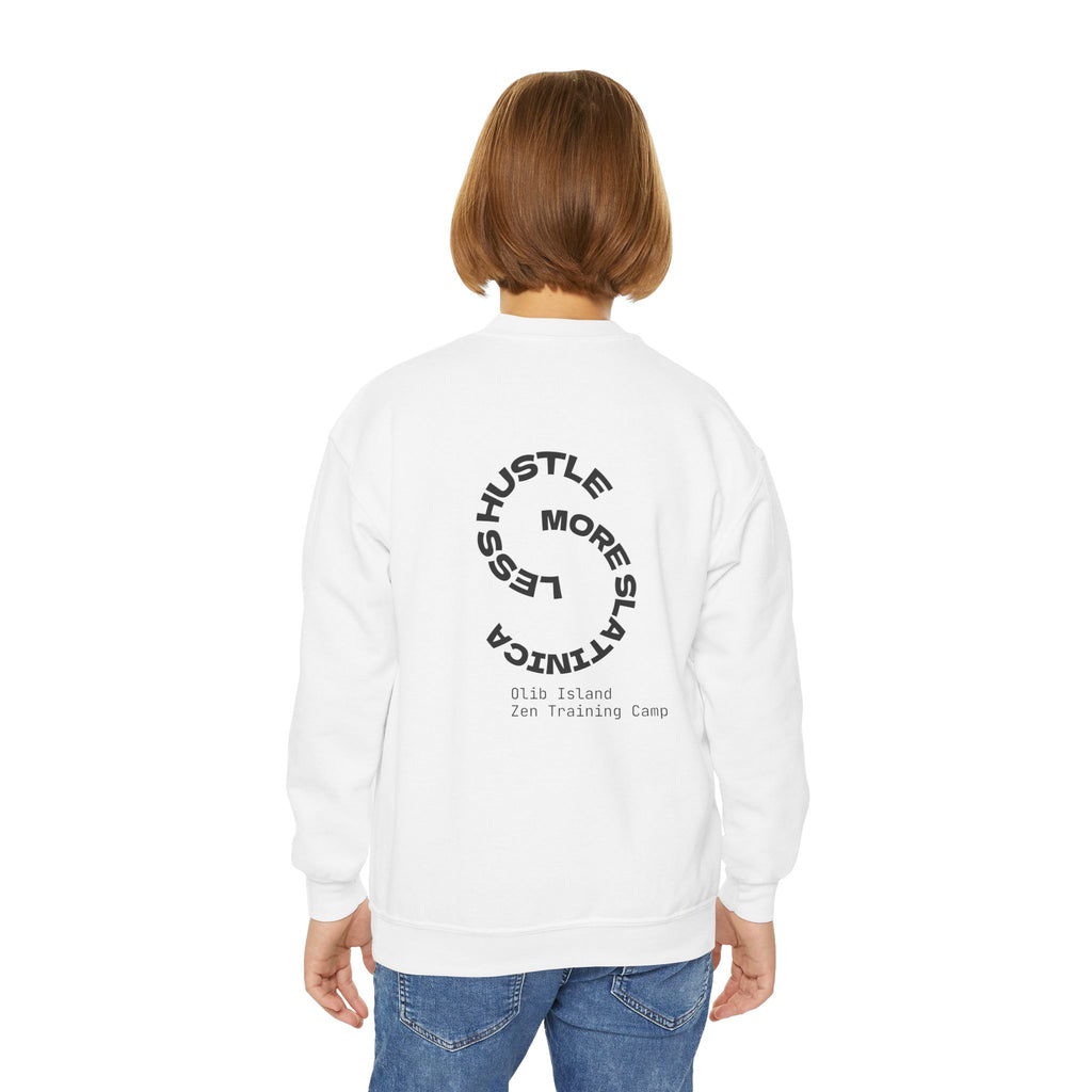 Youth Crewneck Sweatshirt — 'olibian.' Vertical Logo & 'Less Hustle More Slay' Back Design