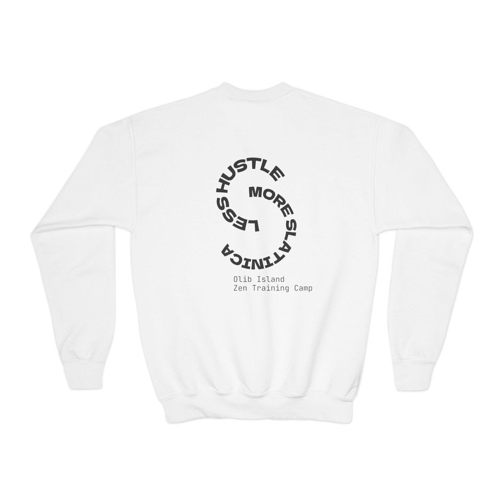 Youth Crewneck Sweatshirt — 'olibian.' Vertical Logo & 'Less Hustle More Slay' Back Design